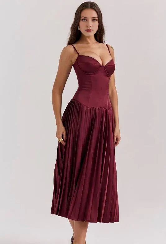 Robe mi-longue plissée en satin à épaules dénudées, sans manches, longueur cheville, robe de bal